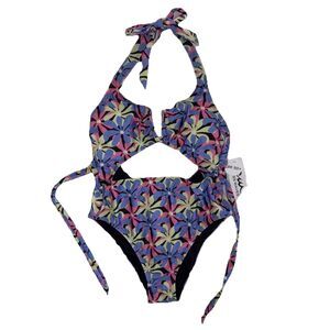 Endless Waves Flower PRT V-Wire One Piece High Leg Swimsuit Sz JR L UPF 50+ NWT